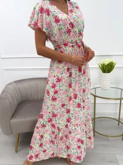 Różowo-Zielona Sukienka z Motywem Kwiatowym 13929-303-E|Modna Kiecka Discount