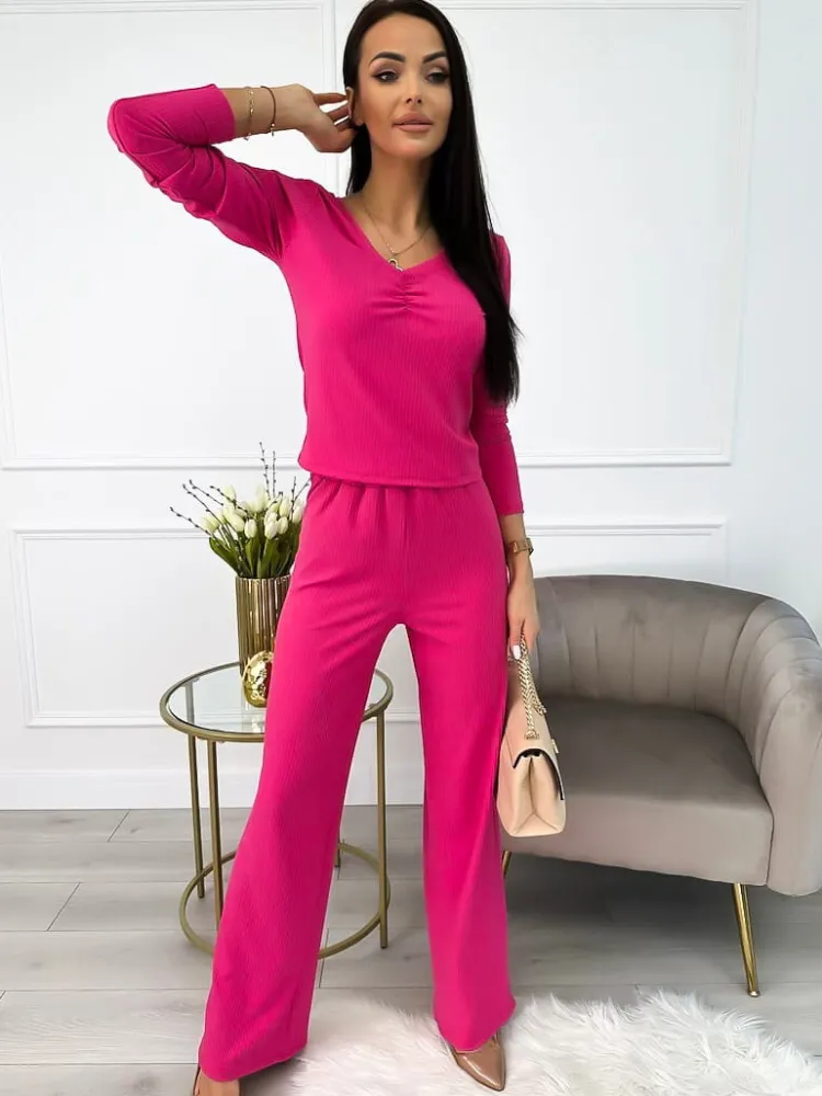 Różowy Prążkowany Komplet 10006-219-F|Modna Kiecka Outlet
