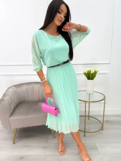 Seledynowa Plisowana Sukienka z Paskiem 11651-57-G|Modna Kiecka New