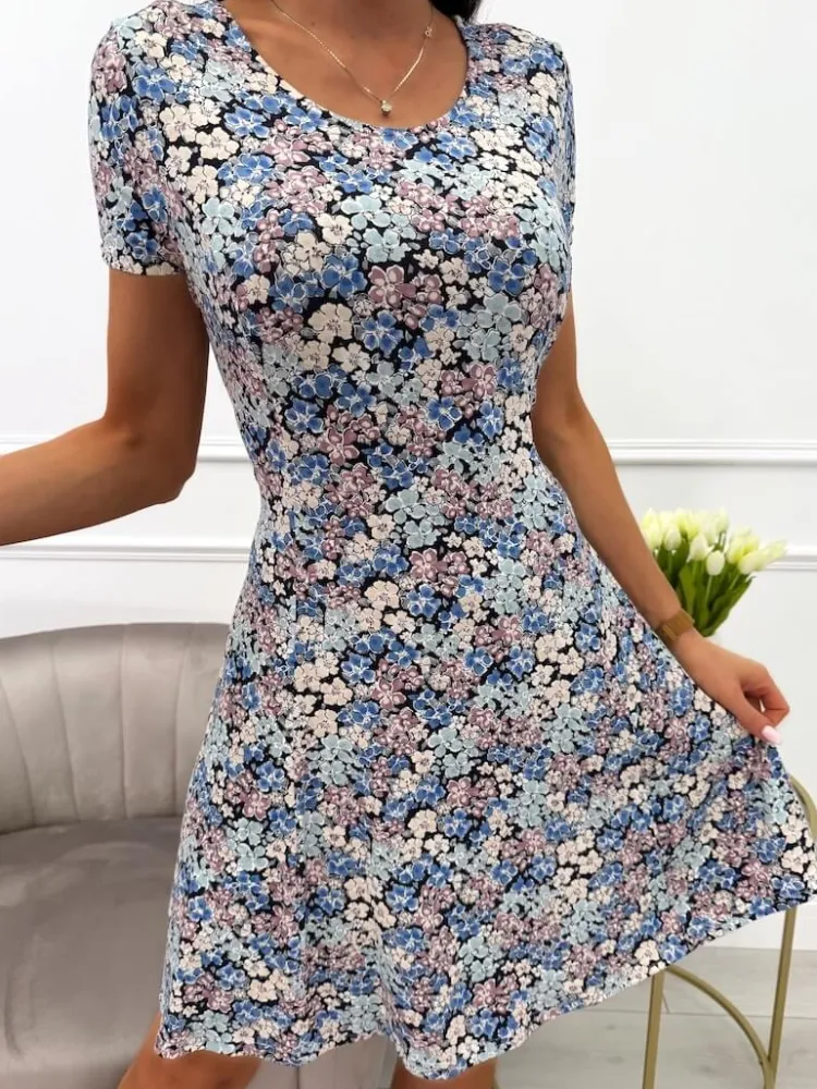 Sukienka w Kwiatki z Ozdobnym Tyłem 13882-29-Q|Modna Kiecka Fashion