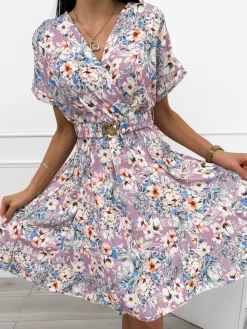Sukienka w Kwiatki z Paskiem  12342-119-Q|Modna Kiecka Discount