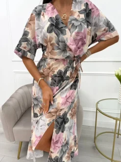 Sukienka w Kwiaty ze Ściągaczem 14005-286-Q|Modna Kiecka Discount