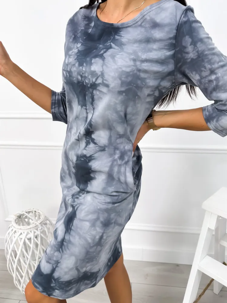Szara Sukienka Tie Dye z Kieszeniami 12876-102-D|Modna Kiecka Fashion