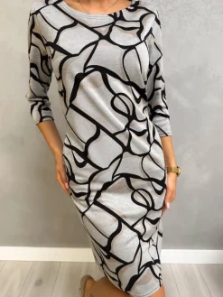 Szara Sukienka w Czarno-Beżowy Wzór 13098-202-Q|Modna Kiecka New