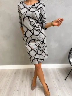 Szara Sukienka w Czarno-Beżowy Wzór  13098-202-Q|Modna Kiecka New
