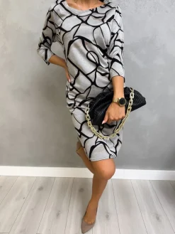 Szara Sukienka w Czarno-Beżowy Wzór  13098-202-Q|Modna Kiecka New