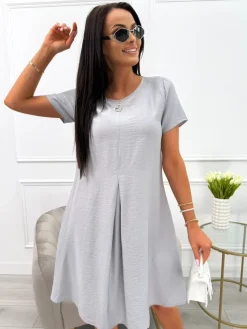 Szara Sukienka z Kieszeniami 13969-336-I|Modna Kiecka New