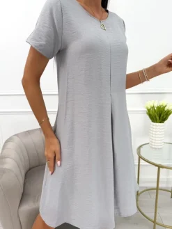 Szara Sukienka z Kieszeniami 13969-336-I|Modna Kiecka New