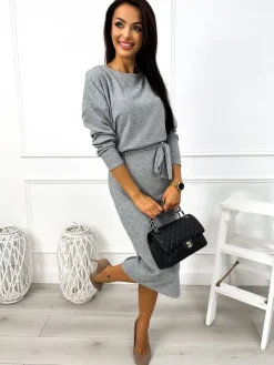Szara Sweterkowa Sukienka z Rozporkiem i Paskiem 12837-507-D|Modna Kiecka Discount