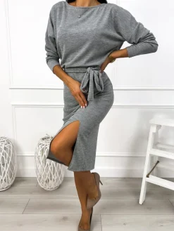 Szara Sweterkowa Sukienka z Rozporkiem i Paskiem 12837-507-D|Modna Kiecka Discount