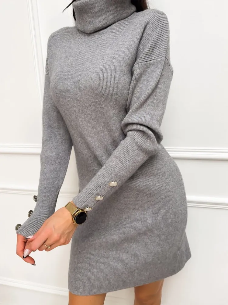 Szara Sweterkowa Sukienka z Golfem 13243-164-G|Modna Kiecka New