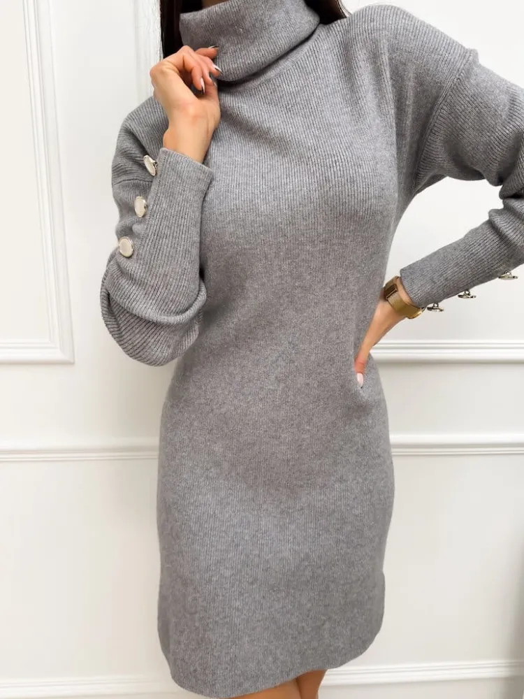 Szara Sweterkowa Sukienka z Golfem 13243-164-G|Modna Kiecka New