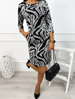Szara Wzorzysta Sukienka z Kieszeniami 12943-361-B|Modna Kiecka Outlet