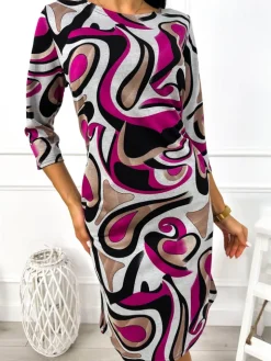 Szaro-Czarno-Różowa Wzorzysta Sukienka 12840-90-B|Modna Kiecka Sale