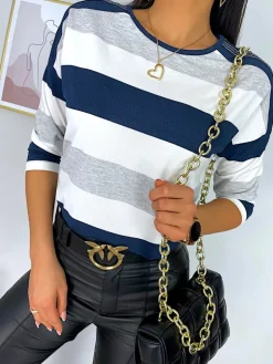 Szaro-Granatowo-Biała Bluzka 11418-228-I|Modna Kiecka Outlet