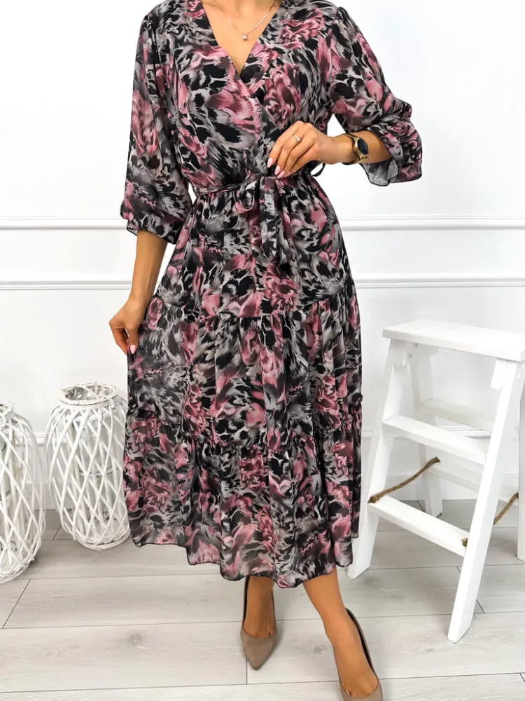 Szaro-Pudrowa Sukienka z Paseczkiem 12989-313-Q|Modna Kiecka Fashion
