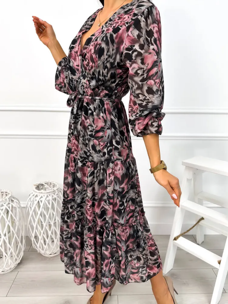 Szaro-Pudrowa Sukienka z Paseczkiem 12989-313-Q|Modna Kiecka Fashion