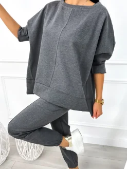 Szary Komplet Bluza Oversize + Spodnie 12784-104-F|Modna Kiecka Online