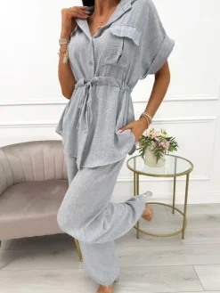 Szary Komplet Koszula z Krótkim Rękawem + Szerokie Spodnie 14100-507-C|Modna Kiecka Fashion