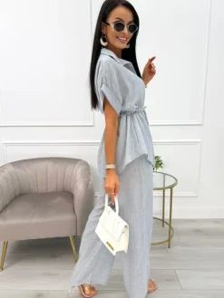 Szary Komplet Koszula z Krótkim Rękawem + Szerokie Spodnie 14100-507-C|Modna Kiecka Fashion