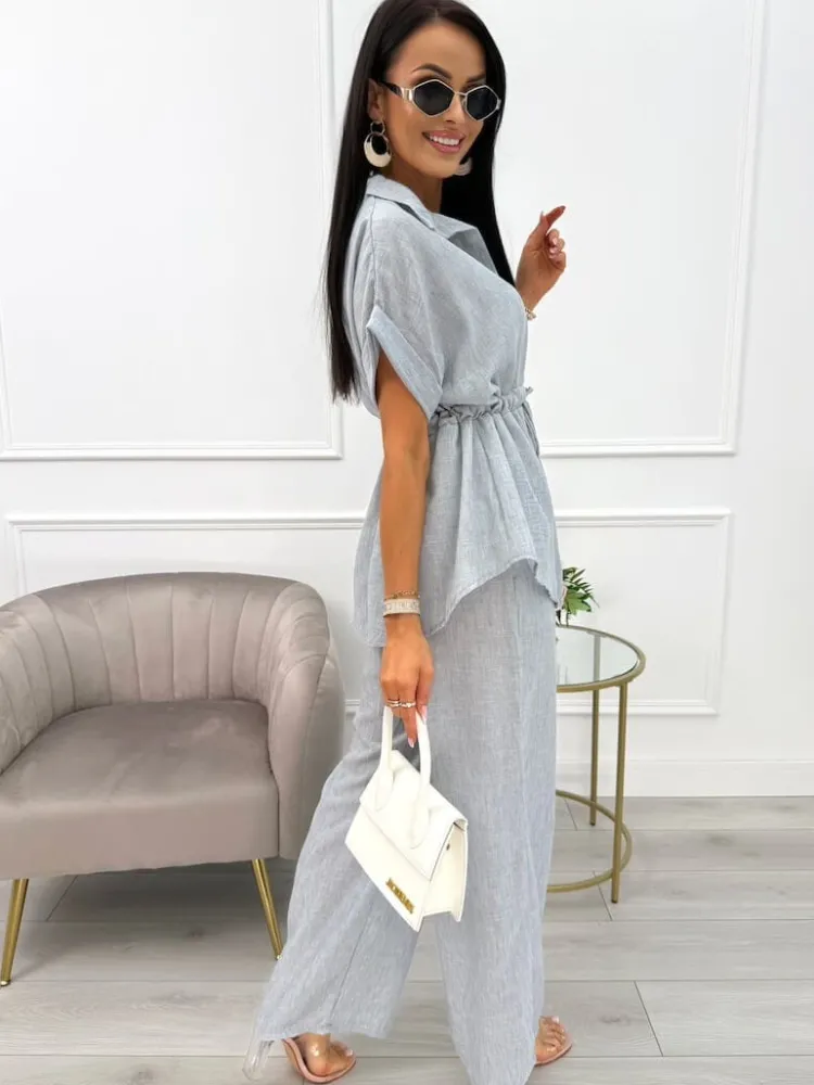 Szary Komplet Koszula z Krótkim Rękawem + Szerokie Spodnie 14100-507-C|Modna Kiecka Fashion