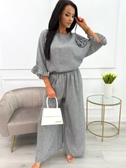 Szary Komplet Oversize Bluzka z Ozdobą + Spodnie 13904-423-C|Modna Kiecka Online