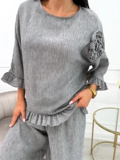 Szary Komplet Oversize Bluzka z Ozdobą + Spodnie 13904-423-C|Modna Kiecka Online