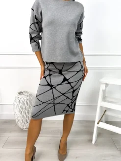 Szary Wzorzysty Komplet - Sweterek + Spódnica 12957-289-D|Modna Kiecka Outlet
