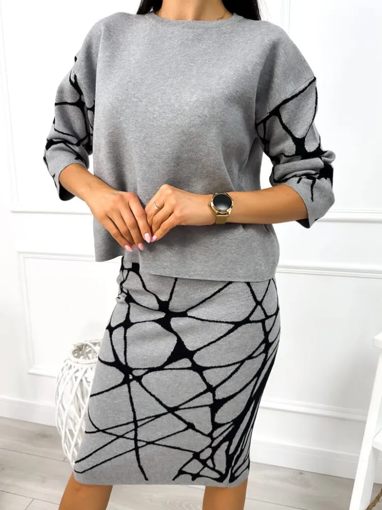Szary Wzorzysty Komplet - Sweterek + Spódnica 12957-289-D|Modna Kiecka Outlet