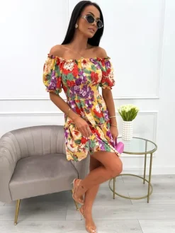 Żółta Sukienka Hiszpanka w Kwiaty 13923-287-D|Modna Kiecka Clearance