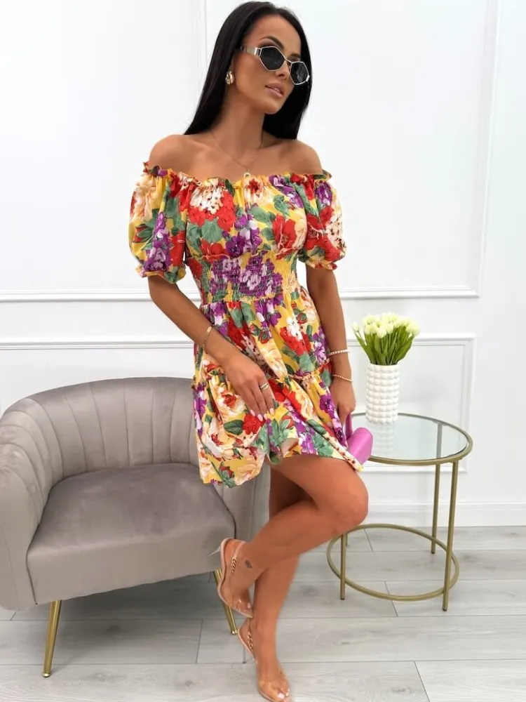 Żółta Sukienka Hiszpanka w Kwiaty 13923-287-D|Modna Kiecka Clearance