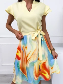 Żółta Sukienka w Kolorowy Wzór 12555-310-Q|Modna Kiecka Hot