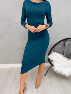 Turkusowa Dopasowana Sukienka z Marszczeniami 13200-247-C|Modna Kiecka Hot