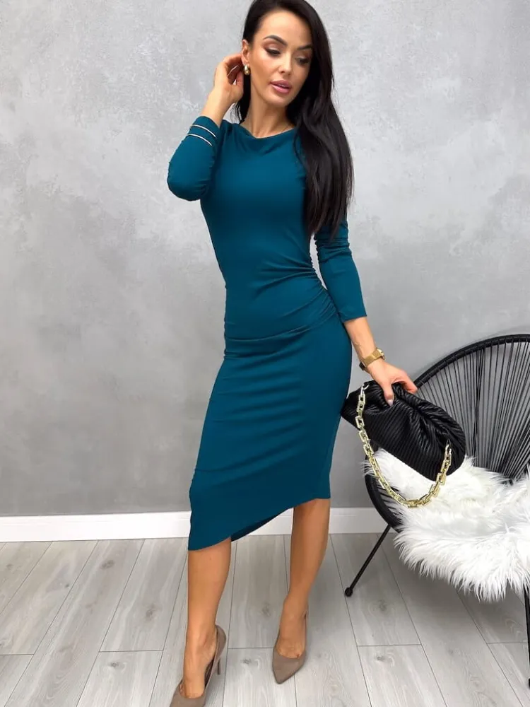 Turkusowa Dopasowana Sukienka z Marszczeniami 13200-247-C|Modna Kiecka Hot