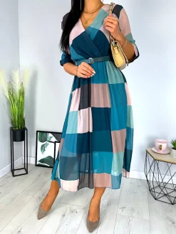 Turkusowa Plisowana Sukienka ze Wzorem 12422-247-Q|Modna Kiecka Fashion
