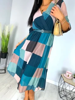 Turkusowa Plisowana Sukienka ze Wzorem 12422-247-Q|Modna Kiecka Fashion