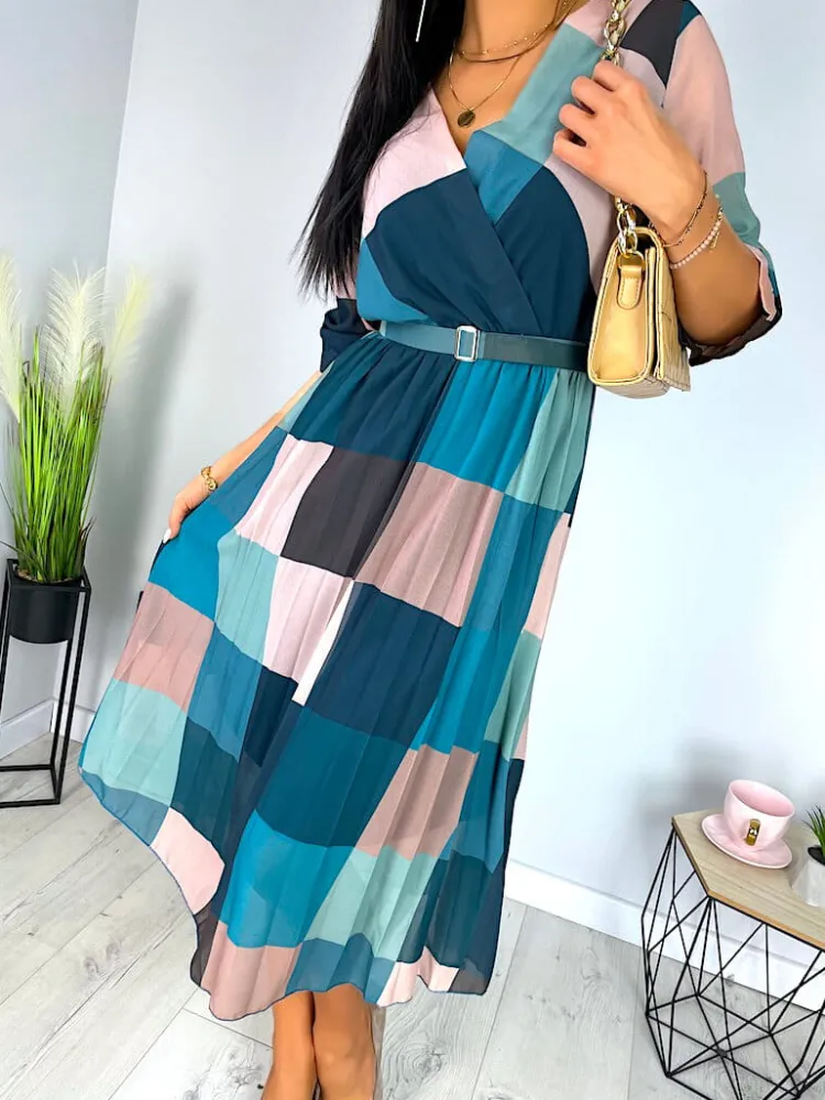 Turkusowa Plisowana Sukienka ze Wzorem 12422-247-Q|Modna Kiecka Fashion
