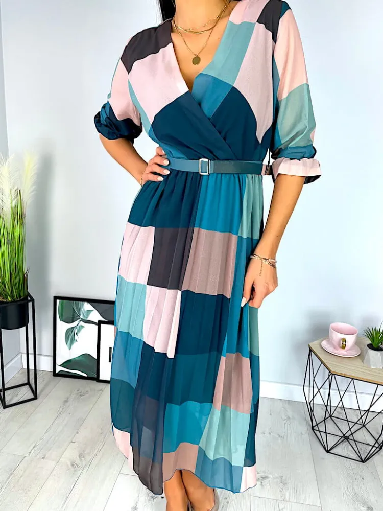 Turkusowa Plisowana Sukienka ze Wzorem 12422-247-Q|Modna Kiecka Fashion