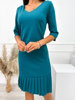 Turkusowa Sukienka z Plisowaną Falbanką 11390-416-K|Modna Kiecka Discount