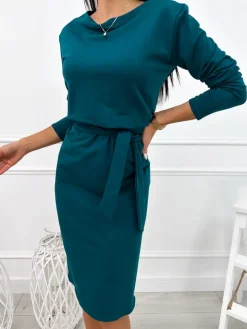Turkusowa Sukienka z Rozcięciem i z Paskiem 12657-10-E|Modna Kiecka Hot