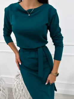 Turkusowa Sukienka z Rozcięciem i z Paskiem 12657-10-E|Modna Kiecka Hot