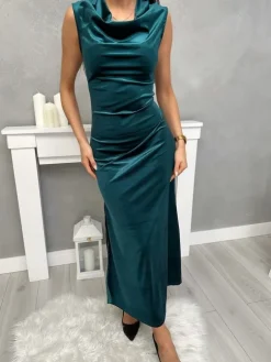 Turkusowa Welurowa Sukienka Maxi z Lejącym Dekoltem 13400-336-C|Modna Kiecka Fashion