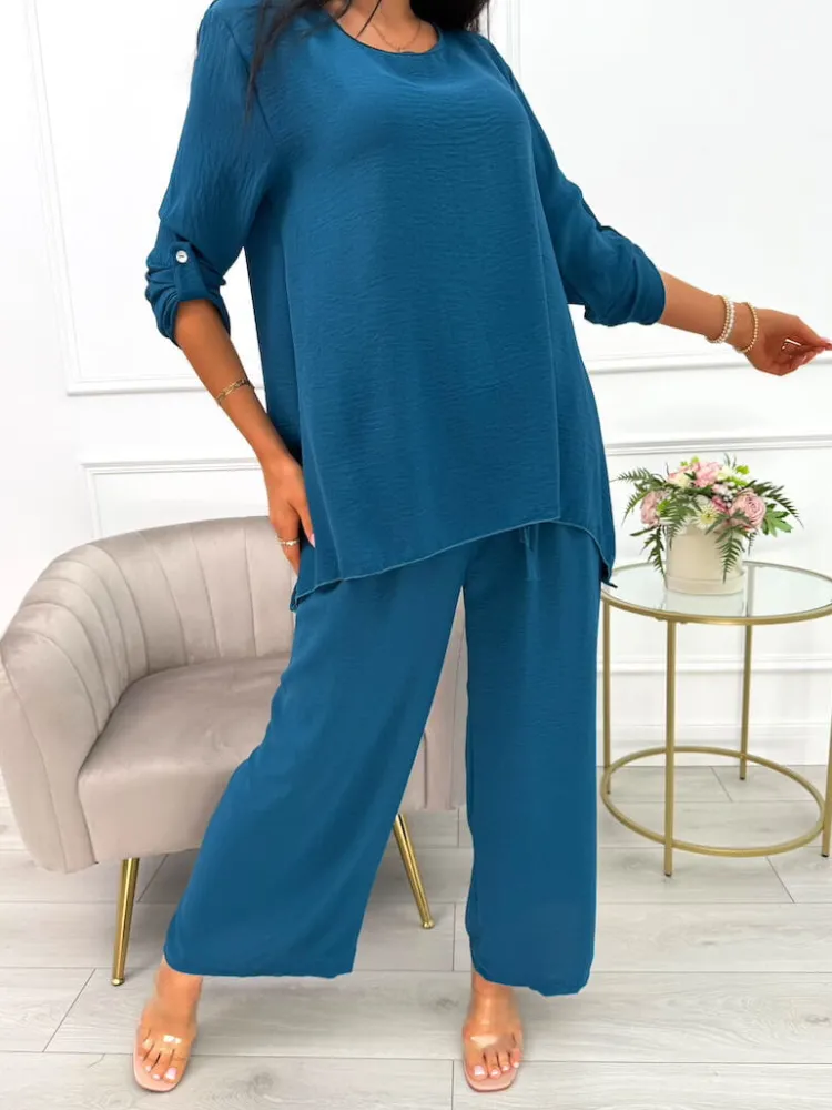 Turkusowy Komplet Bluzka + Spodnie z Szeroką Nogawką 14071-08-F|Modna Kiecka Fashion