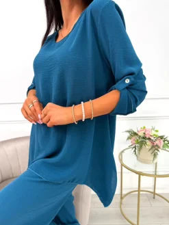 Turkusowy Komplet Bluzka + Spodnie z Szeroką Nogawką 14071-08-F|Modna Kiecka Fashion