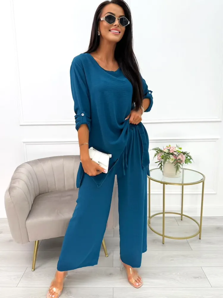 Turkusowy Komplet Bluzka + Spodnie z Szeroką Nogawką 14071-08-F|Modna Kiecka Fashion
