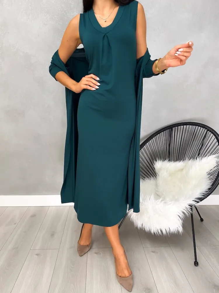 Turkusowy Komplet Sukienka + Kardigan 12877-101-H|Modna Kiecka New