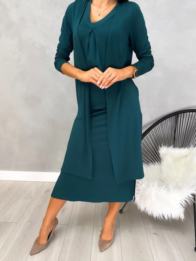 Turkusowy Komplet Sukienka + Kardigan 12877-101-H|Modna Kiecka New