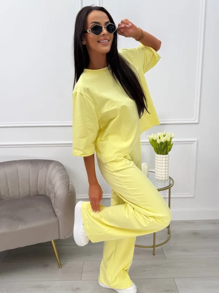 Żółty Komplet T-shirt Oversize + Spodnie 13789-174-E|Modna Kiecka Sale