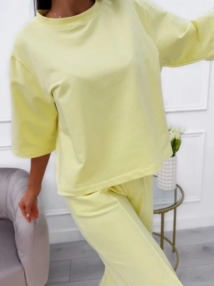 Żółty Komplet T-shirt Oversize + Spodnie 13789-174-E|Modna Kiecka Sale