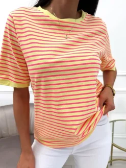 Żółty T-shirt w Paski 13764-152-C|Modna Kiecka Sale